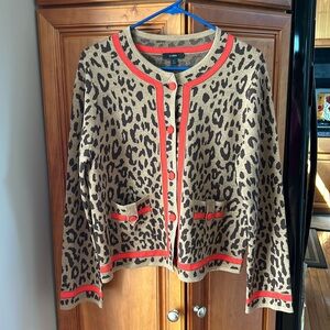 J. Crew women’s cardigan sweater, leopard print, large, brown& bright orange